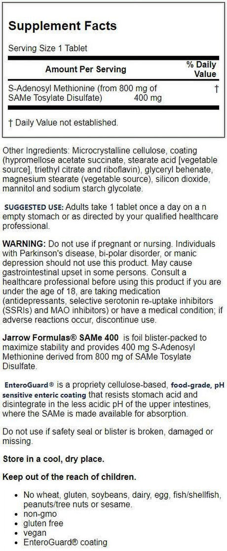 Jarrow Formulas Same 400, Extra Strength, 400 Mg, 30 Tablets