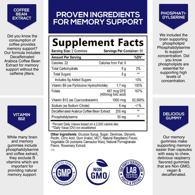 Nootropic Brain Booster Memory Supplement Gummy for Concentration & Mental Focus - Brain Health & Energy with B12, Phosphatidylserine, Coffee Extract, Nature'S Vitamins for Men & Women - 120 Gummies