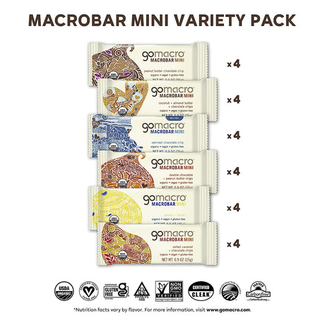 Gomacro Macrobar Mini Organic Vegan Protein Bars - Variety Pack (0.9 Ounce Bars, 24 Count)