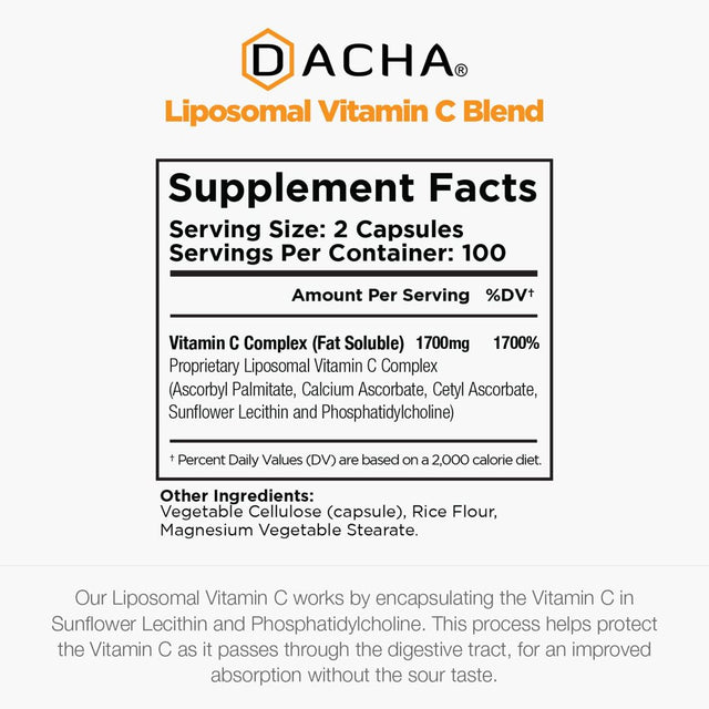 DACHA Natural Liposomal Vitamin C - 1700Mg, 200 Capsules, Immune System & Collagen Booster, High Absorption Fat Soluble VIT C, Buffered, Skin Vitamins, Sunflower Lecithin