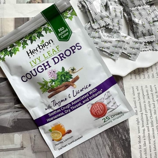 Herbion Naturals Ivy Leaf Cough Drops with Thyme & Licorice, Natural Honey Lemon Flavor, Dietary Supplement, Soothes Cough, for Adults and Children over 6 Years, 25 Drops (Pack of 5 - 125 Lozenges)