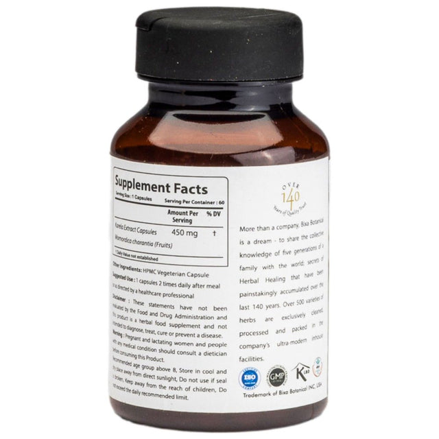 Bitter Melon Extract Capsules with 5% Bitters | 60 Vegan Pills | (450Mg) | Supports Normal Blood Sugar Levels | Improves Liver Functions | Natural Vitamin Supplement for Healthy Immune System