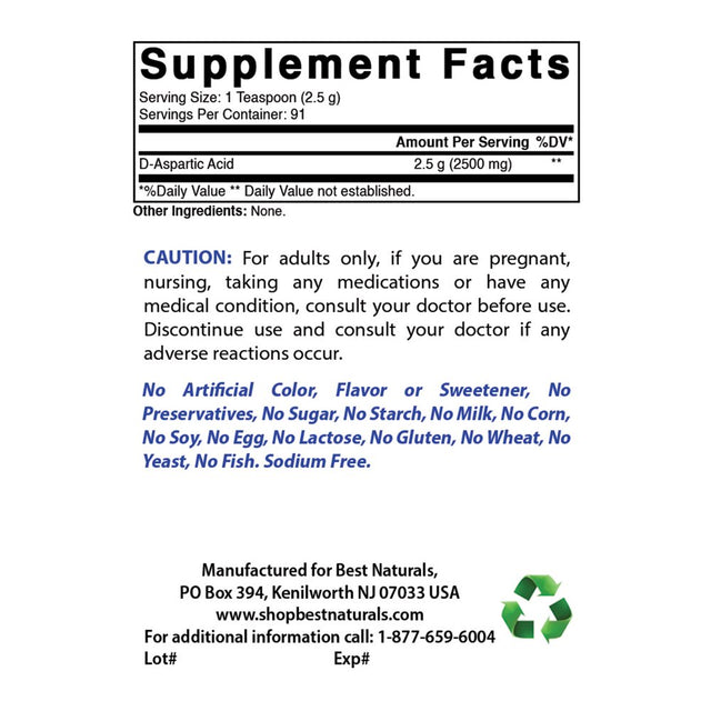 2 Pack Best Naturals D-Aspartic Acid Pure 8 Oz Powder | Testosterone Booster