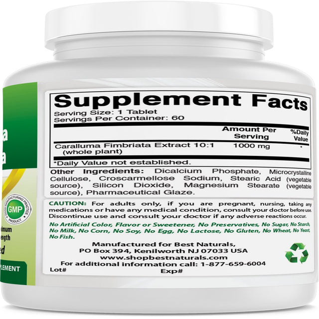 Best Naturals Caralluma Fimbriata 1000 Mg 60 Tablets | Appetite Suppressant and Weight Loss Diet Supplement