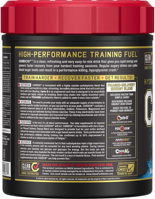 ALLMAX CARBION+, Blue Ice - 725 G - High-Performance Training Fuel - Boosts Hydration, Performance & Recovery - with 25 G Carbs & Zero Sugar - 25 Servings