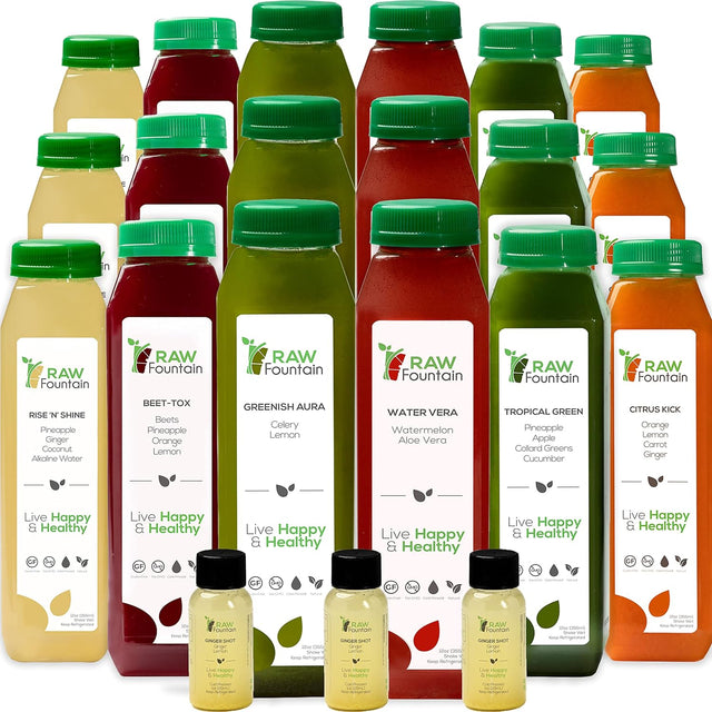 3 Day Juice Cleanse by Raw Fountain, Tropical Flavors, All Natural Raw, Cold Pressed Fruit and Vegetable Juices, Detox Cleanse, 18 Bottles 12Oz, 3 Bonus Ginger Shots