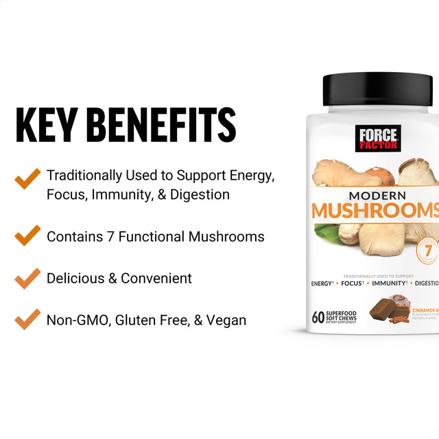 Force Factor Modern Mushrooms Soft Chews, Mushroom Supplement to Support Energy, Focus, Immunity, & Digestion with Cordyceps, Turkey Tail, Chaga, Reishi, & Lion’S Mane, Cinnamon Roll, 60 Soft Chews