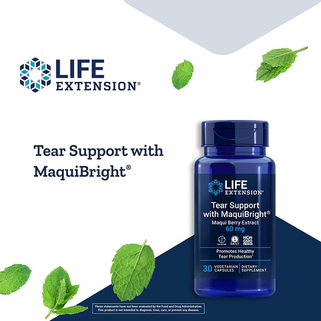 Life Extension Tear Support with Maquibright 60Mg - Maqui Berry Extract Eye Health Supplement for Dry Eyes - Tear Production Formula - Non-Gmo, Gluten-Free, Vegetarian - 30 Capsules