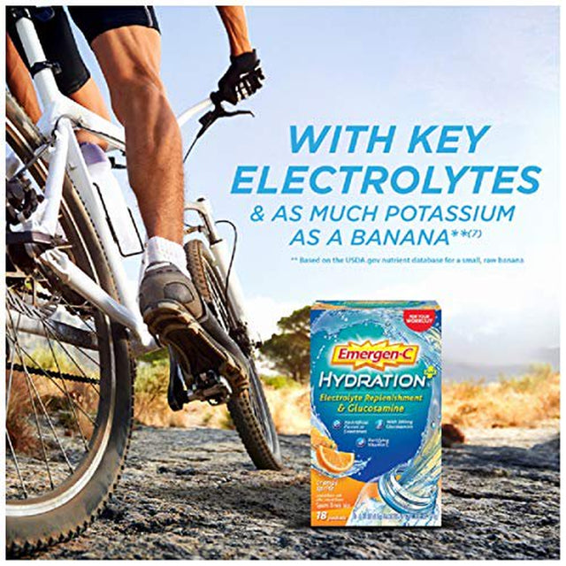 Emergen-C Hydration+ Sports Drink Mix with Vitamin C (18 Count, Orange Spritz Flavor with Glucosamine), Electrolyte Replenishment, 0.34 Ounce Powder Packets