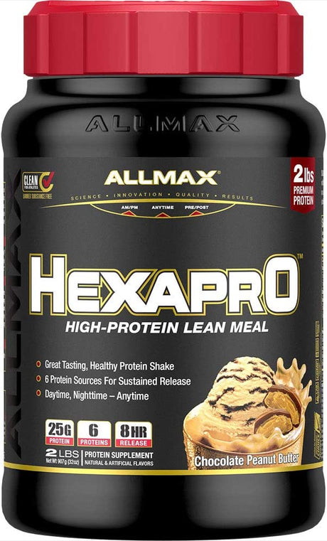 ALLMAX HEXAPRO, Chocolate Peanut Butter - 5 Lb - 25 Grams of Protein per Serving - 8-Hour Sustained Release - Zero Sugar - 52 Servings