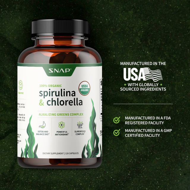 Snap Supplements Spirulina & Chlorella - Organic Heart Support & Natural Energy, 120 Capsules