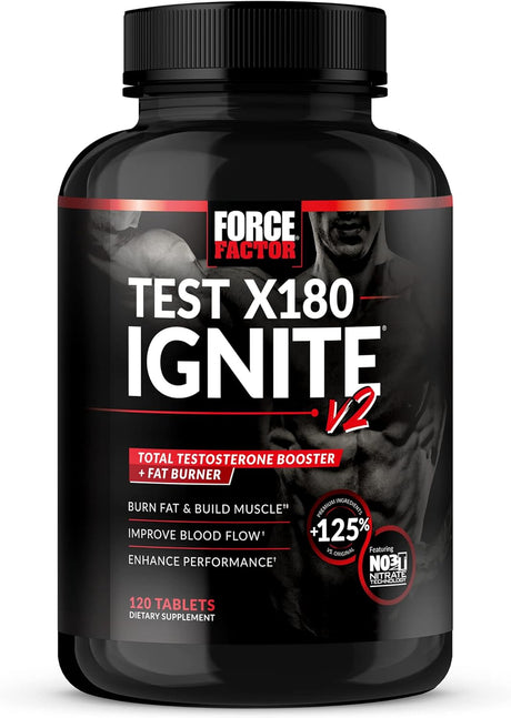 FORCE FACTOR Test X180 Ignite V2 Testosterone Booster & Supplement with Nitrates to Burn Fat, Build Muscle, Boost Energy and Enhance Vitality, Black, 120 Count
