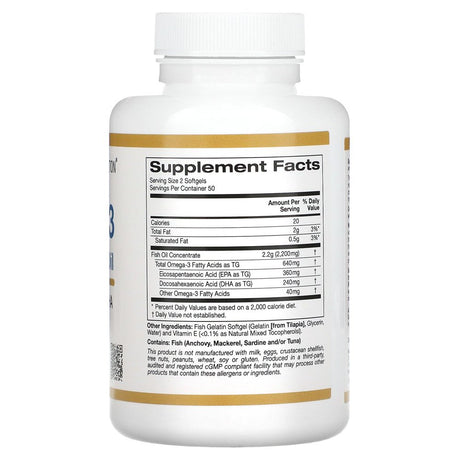 Omega-3 Premium Fish Oil by California Gold Nutrition, Concentrated Formula with EPA & DHA, Support for Optimal Lipid Profile & Immune System, Gluten Free, Non-Gmo, 100 Fish Gelatin Softgels