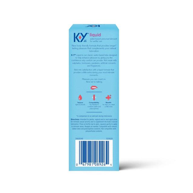K-Y Liquid Lube, Personal Lubricant, NEW Water-Based Formula, Safe for Anal Use, Safe to Use with Latex Condoms, for Men, Women and Couples, Body Friendly 4.5 FL OZ