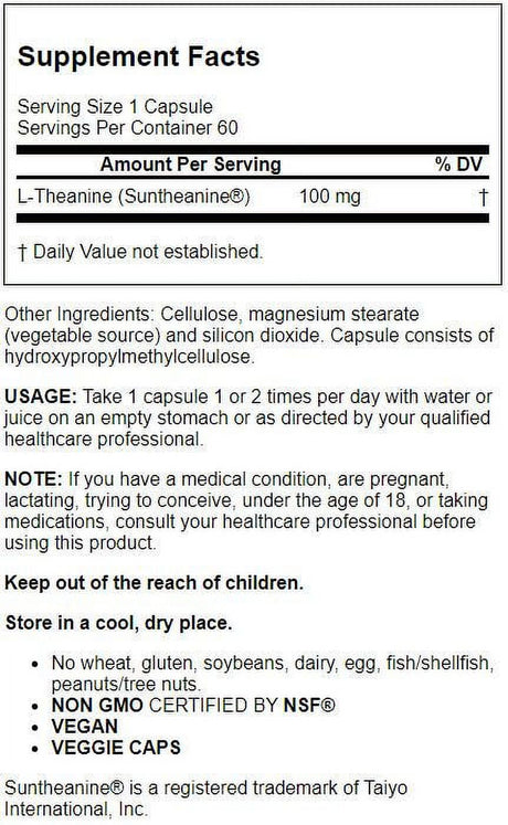 Jarrow Formulas Theanine , Promotes Relaxation, 100 Mg, 60 Caps