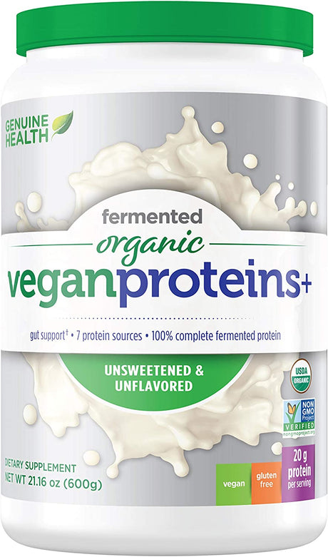 Genuine Health Fermented Organic Vegan Proteins+, Unflavored Protein Powder, 20G Protein, 21.16 Ounce Tub, 20 Servings