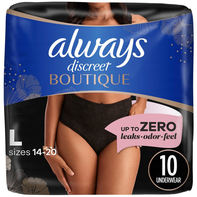 Always Discreet Boutique Incontinence Underwear, Maximum Protection, L, Black, 10 Ct