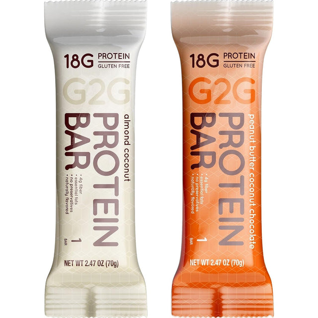 G2G Protein Bar, Coconut Lovers 2-Pack, 1 Box Peanut Butter Coconut, 1 Box Almond Coconut, Healthy Snack, Delicious Meal Replacement, Gluten-Free, Refrigerated for Freshness, 16 Count (2 Packs of 8)