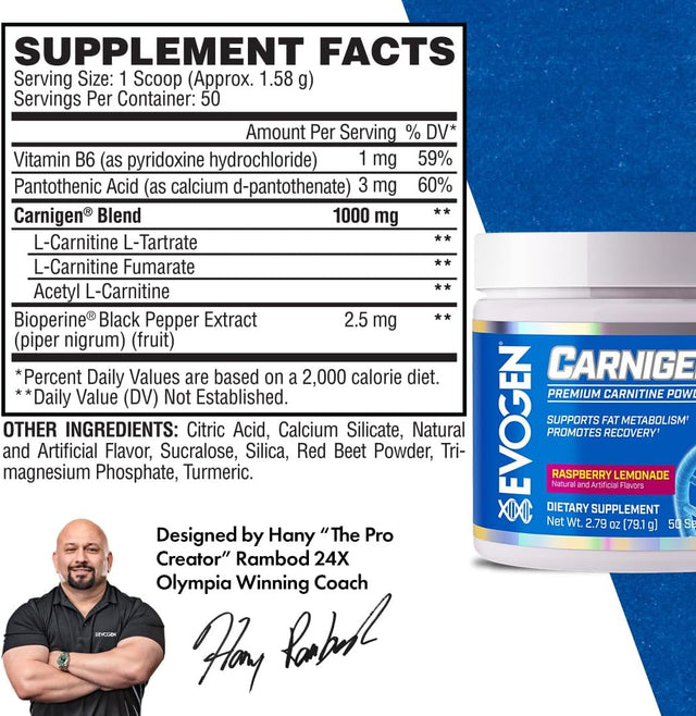 Evogen Carnigen Raspberry Lemonade | Carnitine Fat Burning Powder, Carnitine Tartrate, Acetyl-L-Carnitine, Carnitine Orotate, Carnitine Fumarate, Bioperine | 50 Servings