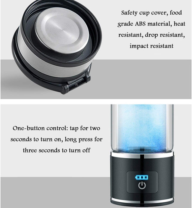 Portable 3 Minute Hydrogen-Rich Water Bottle Rechargeable High Concentration Hydrogen Generator Glass Bottle Anti-Aging Anti-Oxidation Alkaline Water Generator, 350Ml