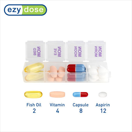Ezy Dose Weekly (7-Day) Pill Organizer, 4 Times a Day, Push Button, Pop-Out Travel Compartments
