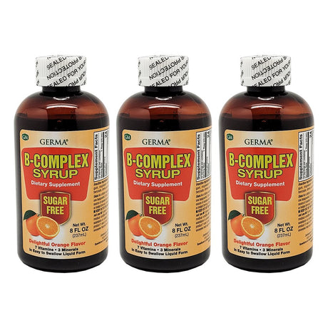 Germa B-Complex Syrup. Dietary Supplement. Bone Health, Growth and Development Aid. Sugar Free. Orange Flavor. 8 Oz. Pack of 3