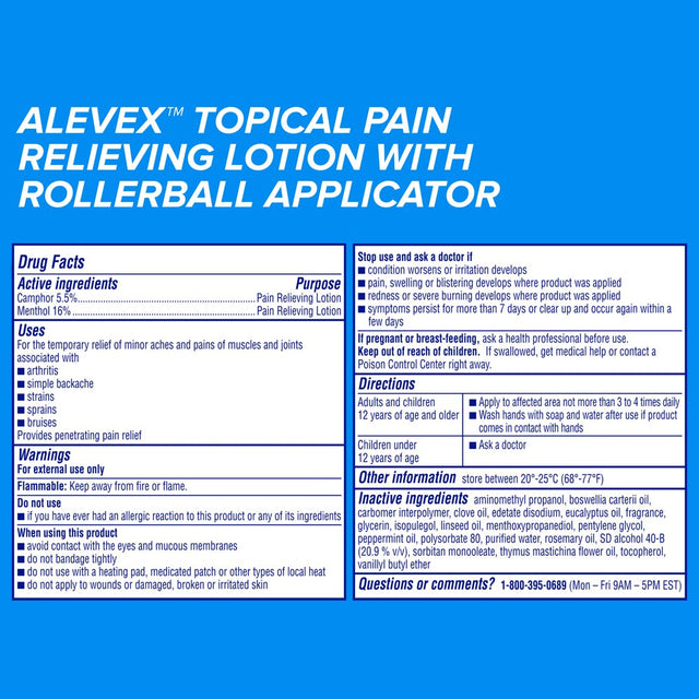 Alevex Pain Relieving Lotion with Rollerball Applicator, Topical Pain Reliever, 2.5Oz