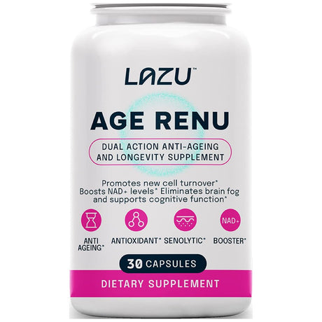 LAZU Age Renu Healthy Aging, Nootropic & Cognitive Support, Senolytic & Sirtuin Activator That Elevates NAD+, CD38 Inhibitor. Contains Apigenin, Fisetin & Quercetin, Patent Pending, 30 Caps 1 Month