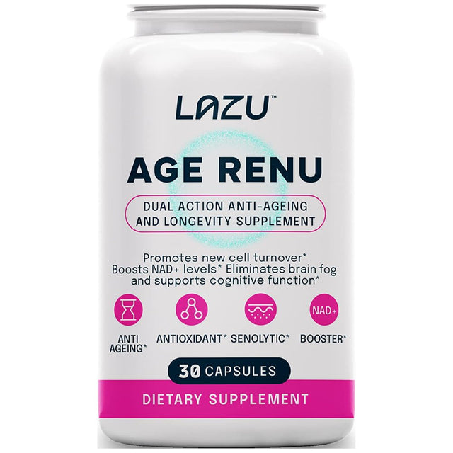 LAZU Age Renu Healthy Aging, Nootropic & Cognitive Support, Senolytic & Sirtuin Activator That Elevates NAD+, CD38 Inhibitor. Contains Apigenin, Fisetin & Quercetin, Patent Pending, 30 Caps 1 Month