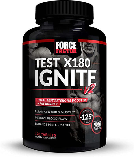 Force Factor Test X180 Ignite V2 Testosterone Booster & Supplement with Nitrates to Burn Fat, Build Muscle, Boost Energy and Enhance Vitality, Black, 120 Count