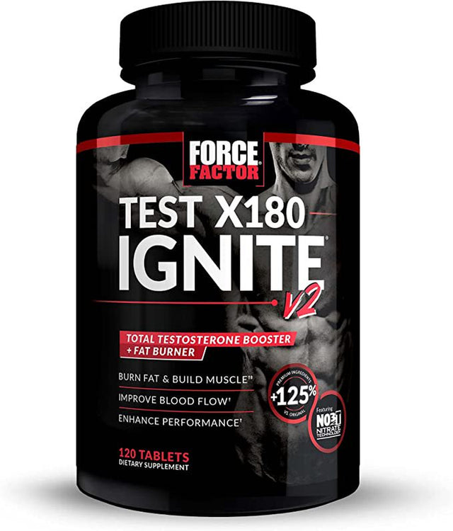 Force Factor Test X180 Ignite V2 Testosterone Booster & Supplement with Nitrates to Burn Fat, Build Muscle, Boost Energy and Enhance Vitality, Black, 120 Count