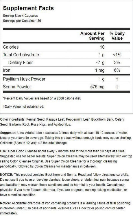 Health plus Super Colon Cleanse Digestive Support 120 Capsules, 60 Servings