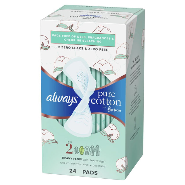 Always Pure Cotton Feminine Pads with Wings, Size 2, Heavy Absorbency, 24 Count