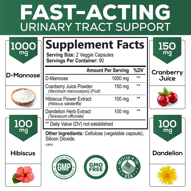D-Mannose & Cranberry Extract 1350Mg Advanced Formula, Fast-Acting Natural Urinary Tract Health Support for Women & Men, Flush Impurities in Urinary Tract & Bladder, Non-Gmo, Vegan - 180 Capsules