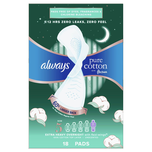 Always Pure Cotton Feminine Pads with Wings, Size 5, Extra Heavy Overnight Absorbency 18 CT