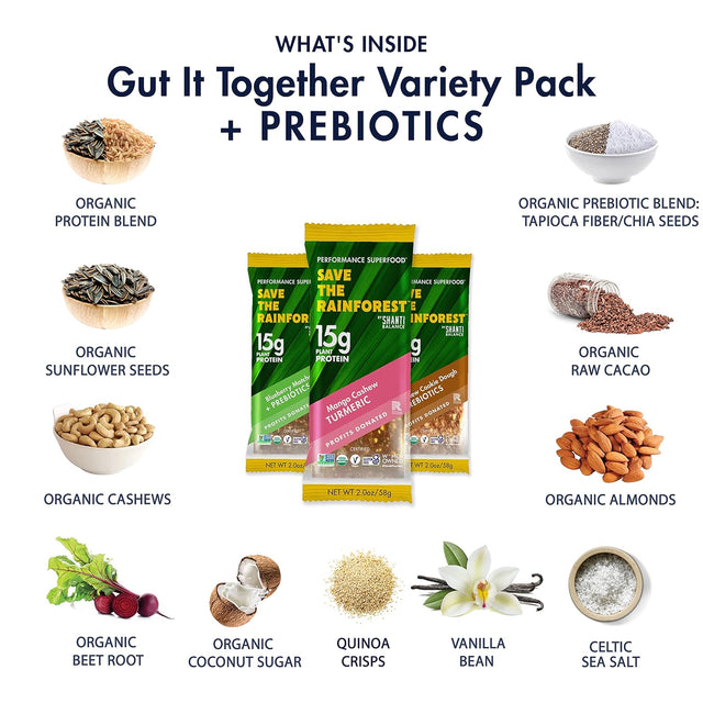 SAVE the RAINFOREST by SHANTI BALANCE | 3 New Flavors | 15G Plant Protein | Organic Gluten Free Superfood | Gut Health Prebiotics + No-Bloat Fiber | 4 of Each Flavor, 12 Count, 2 Oz Bars