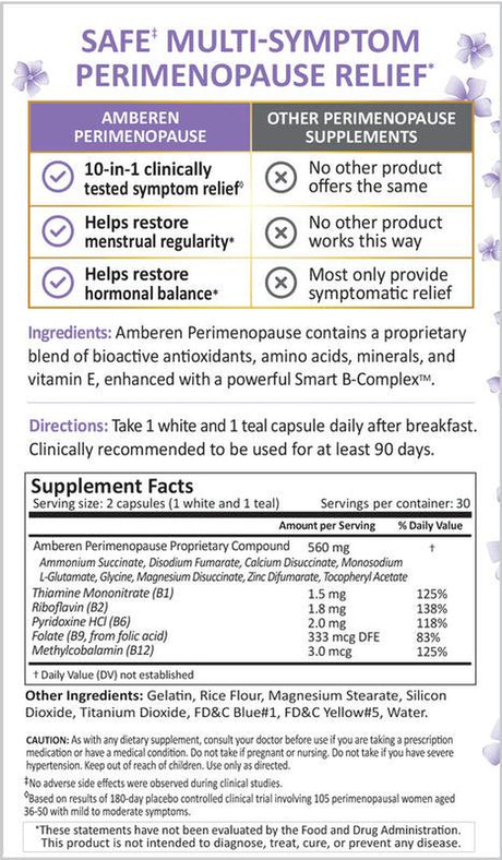 Amberen Multi-Symptom Perimenopause Relief Supplements for Women, Hot Flash & Night Sweats Relief - 60Ct