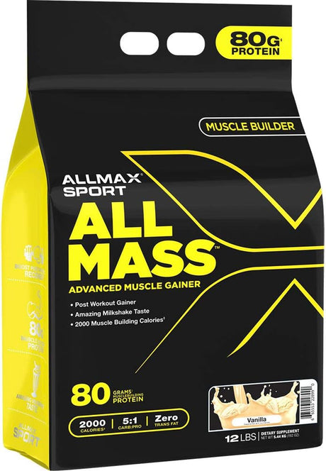 ALLMAX ALLMASS, Vanilla - 12 Lb - Advanced Muscle Gainer - up to 80 Grams of Protein per Serving - 5:1 Carb-To-Protein Ratio - Zero Trans Fat - up to 57 Servings