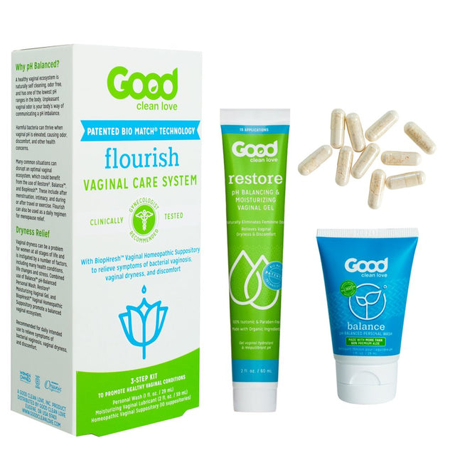 Good Clean Love: Flourish Vaginal Care System®, 30-Day Regimen, Relieves Itching & Irritation, Includes Personal Wash (1 Oz), Moisturizing Vaginal Gel (2 Oz) & Suppositories (10 Capsules)