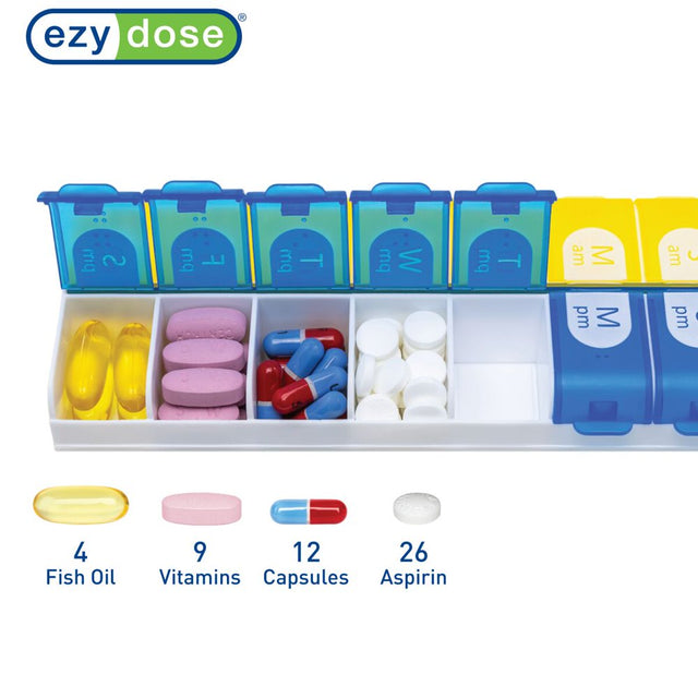 Ezy Dose Weekly (7-Day) AM/PM Pill Organizer, Large Compartments, 2 Times a Day, Colors May Vary