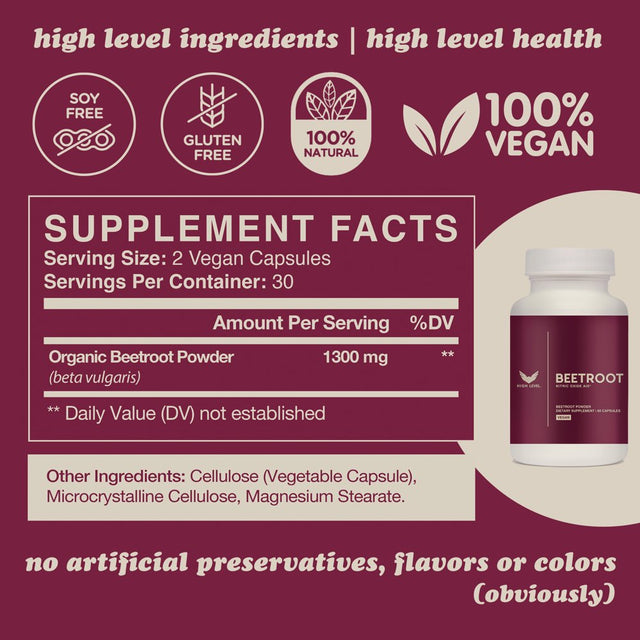 High Level Organic Beetroot | 1300Mg | 60 Veggie Capsules | Nitric Oxide Booster for Cardiovascular Health, Wellness + Vitality | Vegan Supplement for Energy + Endurance