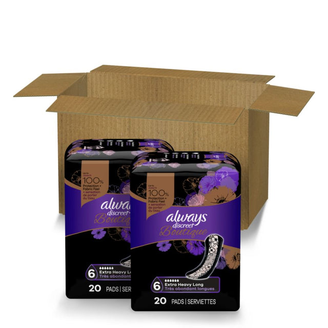 Always Discreet Boutique Incontinence Pads, Extra Heavy Absorbency, Long Length, 40 CT