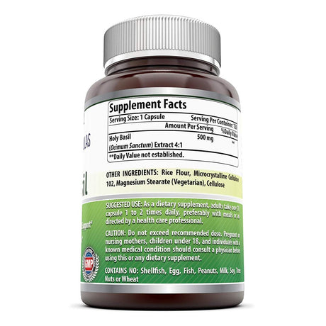 Amazing Nutrition Holy Basil Dietary Supplement - 500Mg 120 Capsules per Bottle - 100% Pure Tulsi (Ocimum Sanctum) Leaf Extract 4:1 Concentrate - Promotes Calm and Wellness