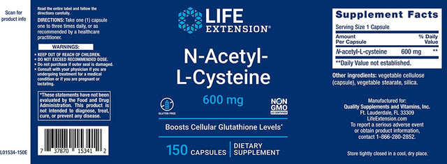 Life Extension N-Acetyl-L-Cysteine (NAC) 600Mg, 150 Capsules (Pack of 2)