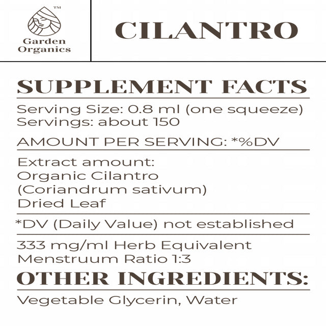 Garden Organics Cilantro Tincture Alcohol-Free Extract, Organic Cilantro (Coriandrum Sativum) Dried Leaf 2X4 Oz