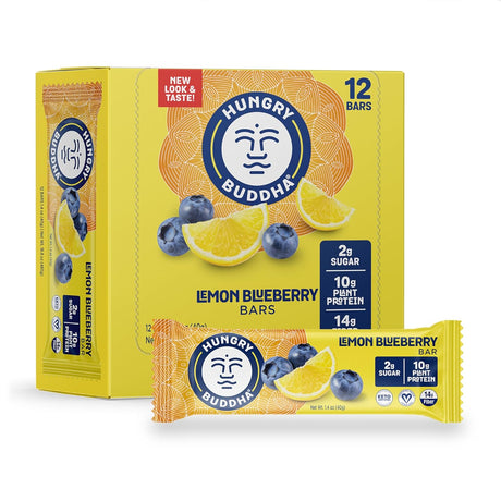 HUNGRY BUDDHA Bars - Plant Based Protein Bars - Vegan Nutrition Bars - Low Sugar Healthy Snacks - Gluten Free Snack Bars - Peanut Free - Protein Bar - Keto Bar - 12 Count - [Lemon Blueberry]