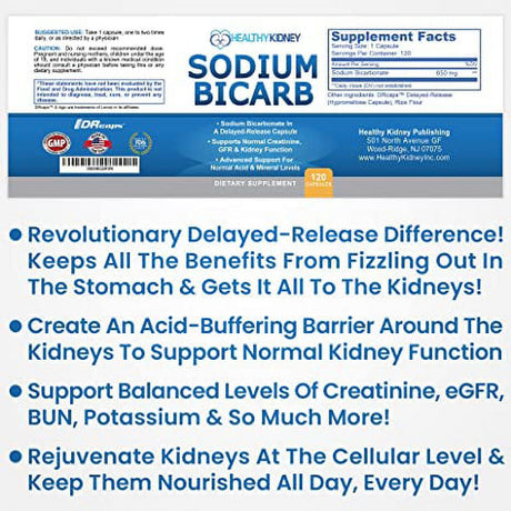 Healthy Kidney Sodium Bicarb 650Mg Capsules, Sodium Bicarbonate to Support Normal Kidney Function, Kidney Health Supplement for Kidney Support, Acid Relief, Alkalinity, 120 Capsules