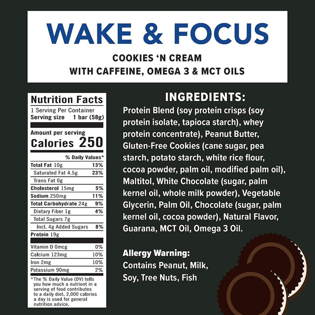 Jimmy! Clean Protein Bar | Wake & Focus, 19G Protein, 7G Sugar, Gluten Free, Real Food | Cookies N Cream (12 Bars (1 Box))