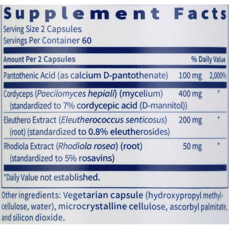 Klaire Labs Adrenamin - Adrenal Support Supplement with Cordyceps Mushroom, Rhodiola, Eleuthero & Pantothenic Acid (B5) - Gluten-Free Adrenal Health Support Supplements for Men & Women (120 Capsules)