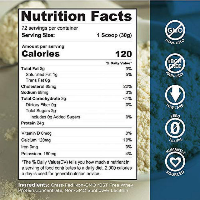 Grass Fed Whey Protein Powder - 24G Protein - 5 Lb (72 Servings)
